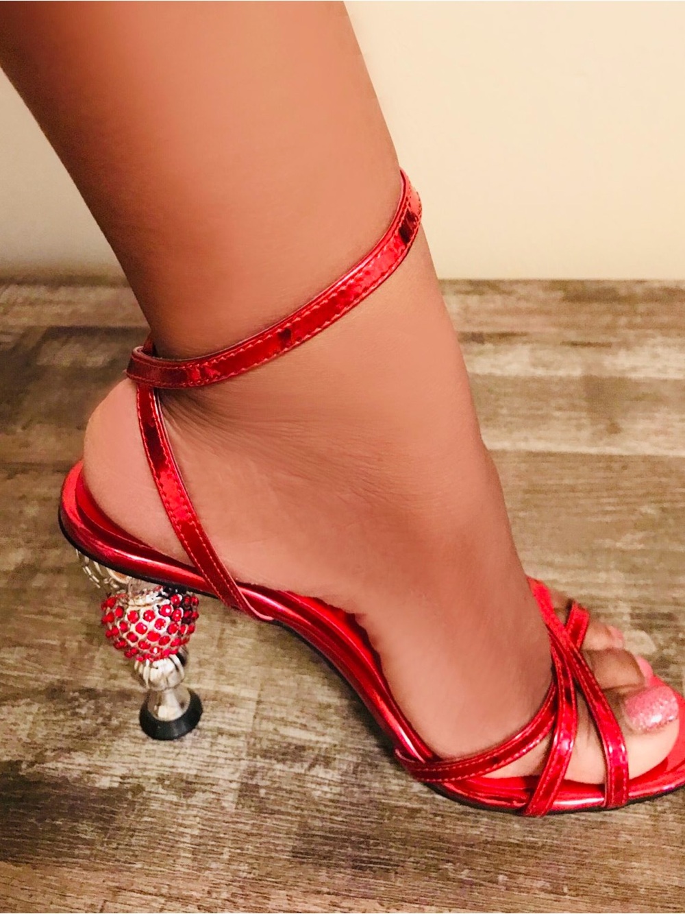 Red Strappy Ankle-Strap Heels with Embellished Heel
